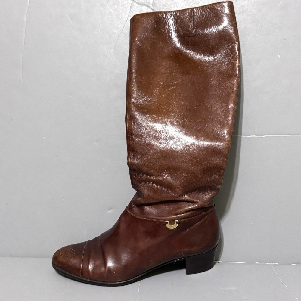 Salvatore Ferragamo Saks Womens 6.5 B Leather Riding Boots Brown Italy Zip Vtg